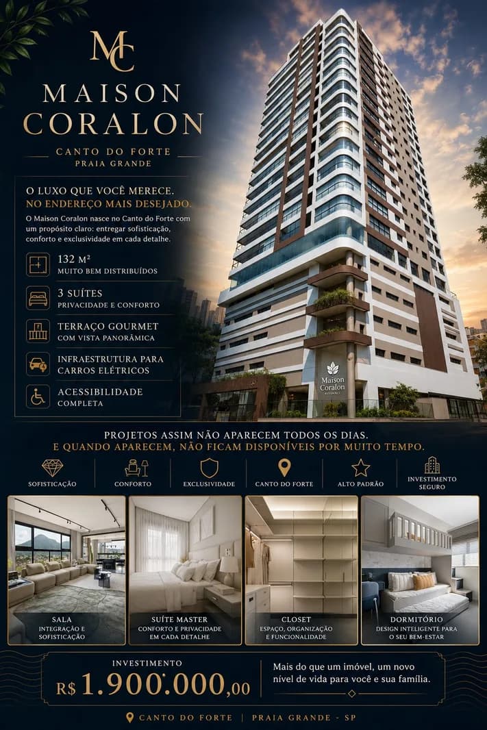 Maison Coralon — 3 suítes de 132m² no Canto do Forte, Praia Grande - Apartamento em Canto do Forte SP